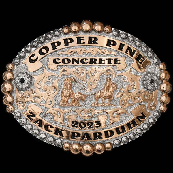 A custom silver plated rodeo belt buckle trophy for Tulare Rodeo Summer Series Champion Header featuring a team roping figure 